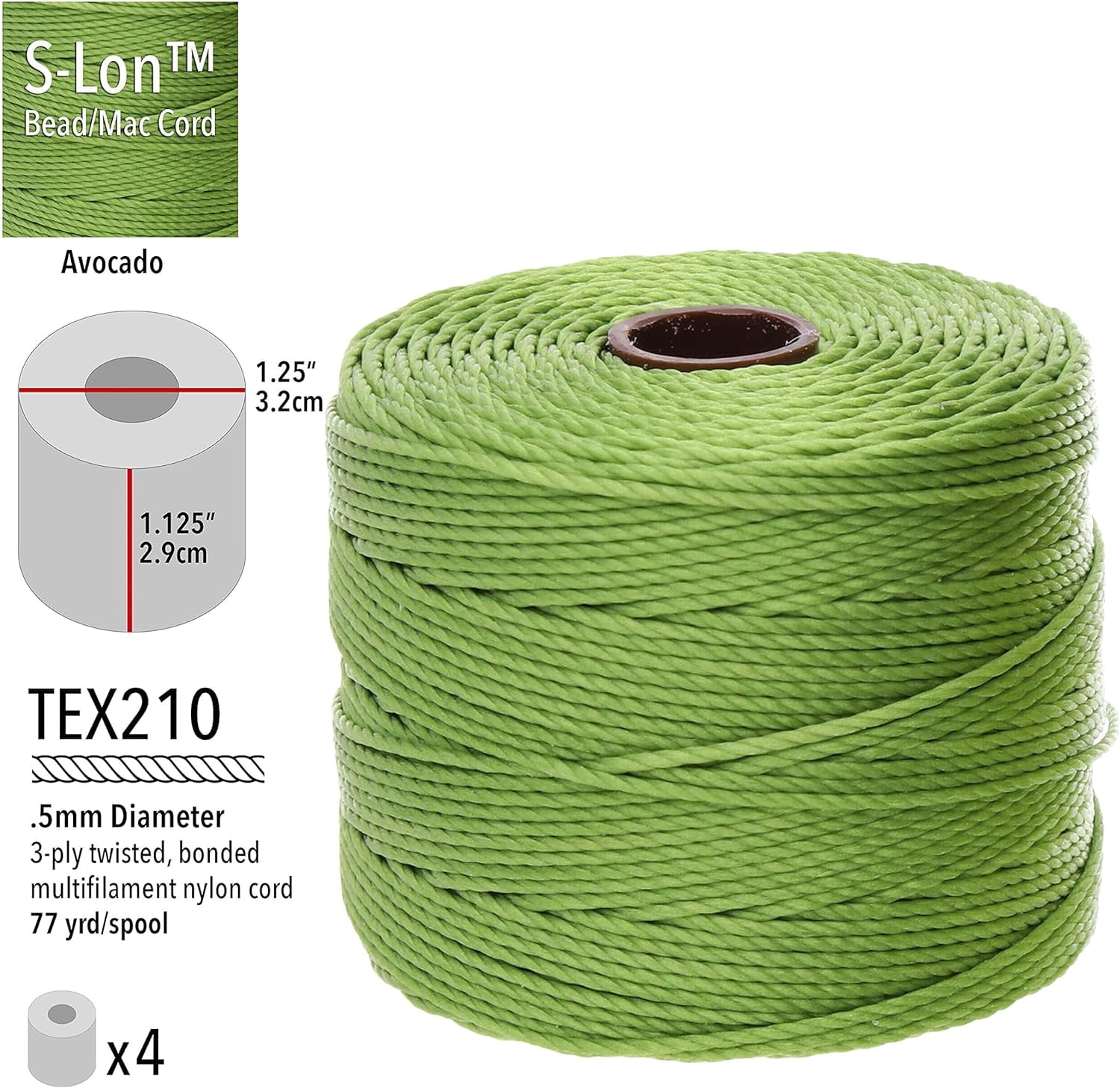 The Beadsmith S-Lon Bead Cord – .5 mm Twisted Nylon Cord, 4 Spools, Avocado Color, TEX210, 77 Yards