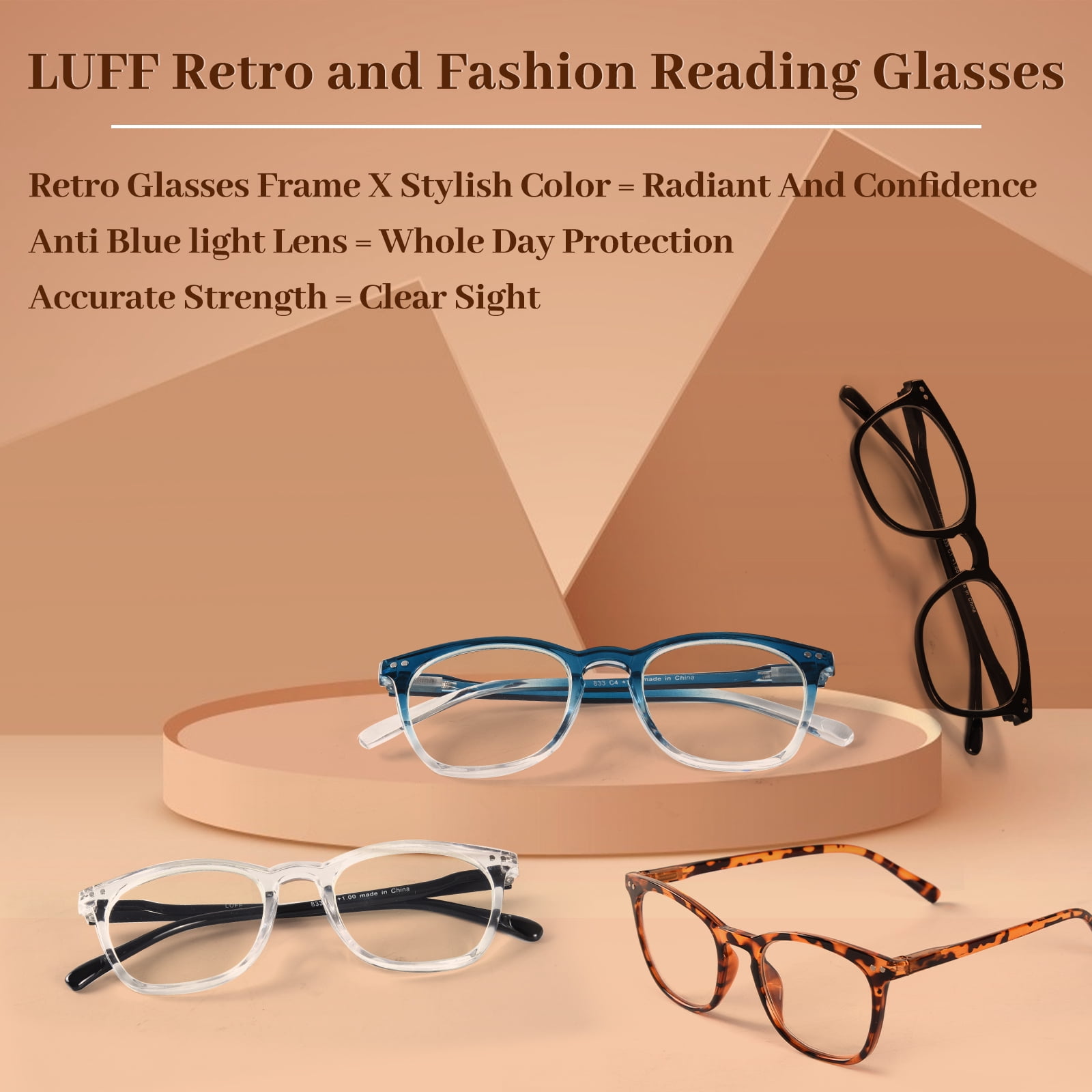 LUFF 4Packs Reading Glasses Fashion Resin Clear Resist Blue Light Computer Eyeglasses Block Round Oversized Optics Presbyopic Durable Spring Hinge Glare Filter,for Women/Men 0.0x