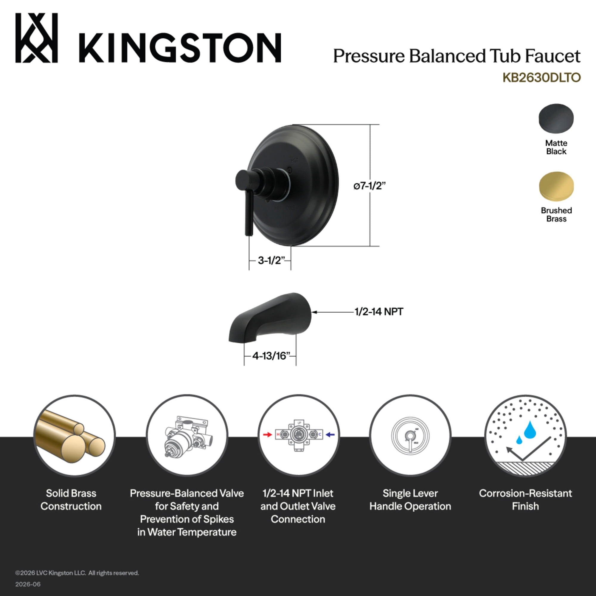 Kingston Brass KB2630DLTO Concord Single-Handle Pressure Balanced Tub Faucet in Matte Black