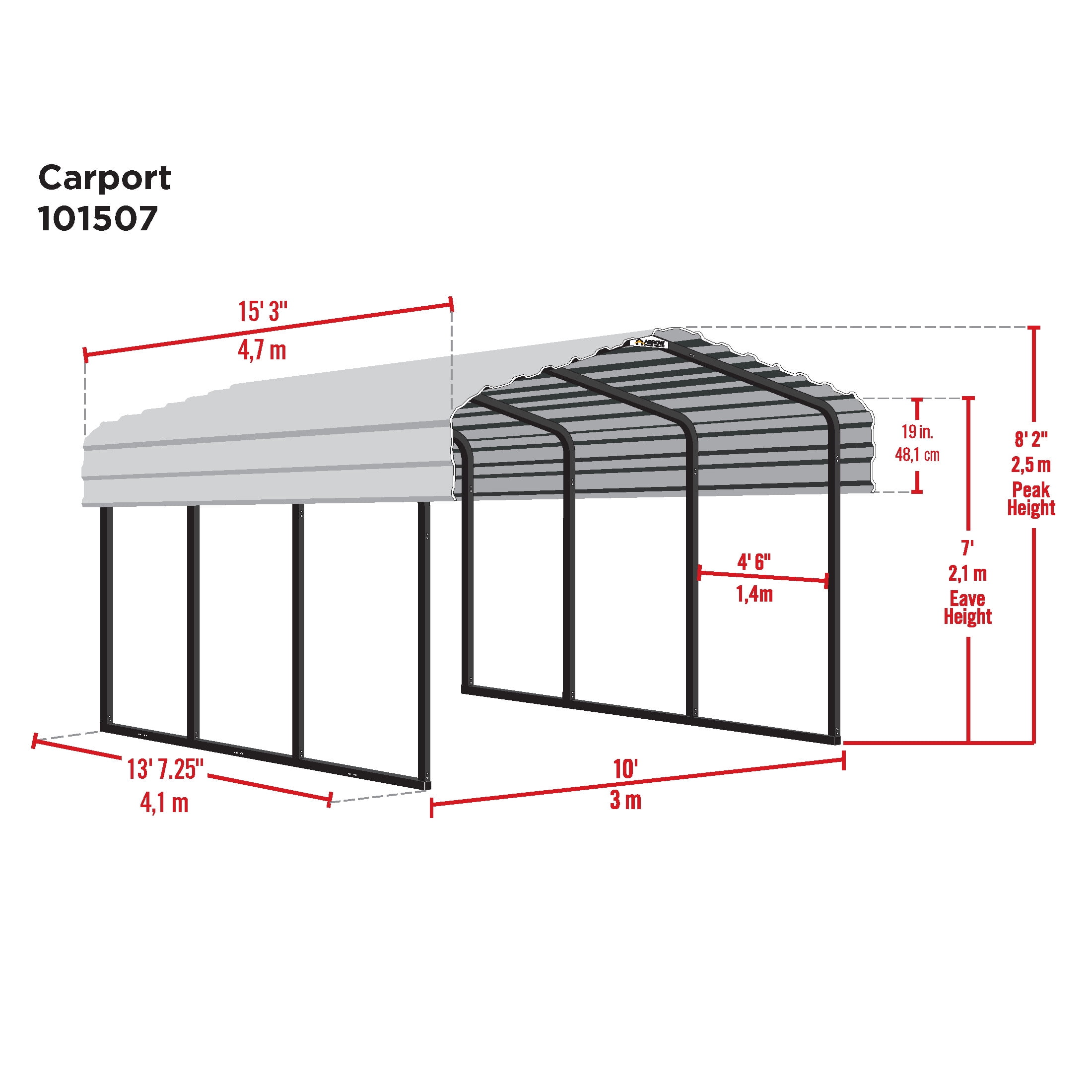 Arrow 10 x 15 x 7 ft Charcoal Carport