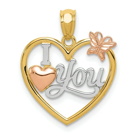 14k Yellow Rose I Love You In Heart Butterfly Pendant Charm Necklace For Women Gift Set