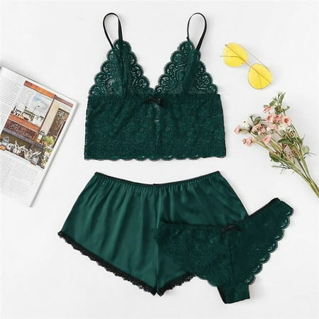 

Womens Casual Pajama Set 3 Piece Satin Cami Crop Top Shorts Set Sleepwear Lingerie Lounge Green S