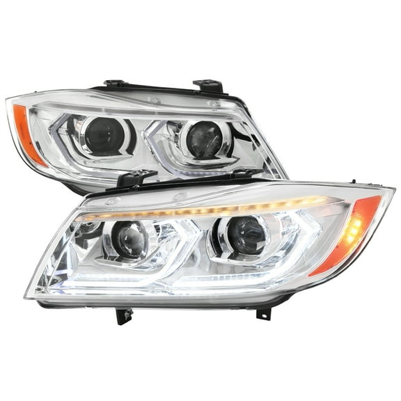 3D Iced LED Dual Projector Headlights (Chrome Housing/Clear Lens) Made for and Compatible with 2006-2011 BMW E90 3 Series Sedan