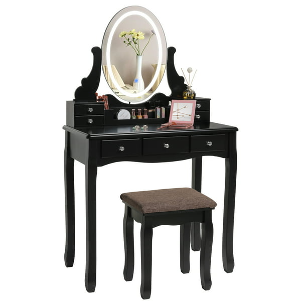 Iwell Vanity Table Set With 3 Colors, Dark Wood Makeup Vanity Set