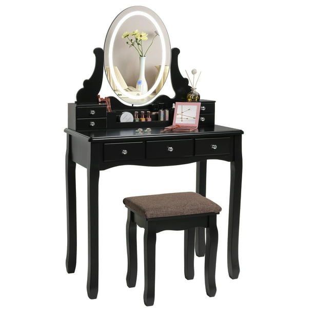 Iwell Vanity Table Set With 3 Colors Lighted Mirror Makeup Dressing 7 Drawers 1removable Organizer Padded Cushioned Stool Desk Gift For Women Girls Wife Mother Com Iwell Vanity Table Set With 3 Colors, Dark Wood Makeup Vanity Set