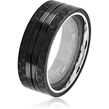 Crucible Black IP Brushed Stainless Steel Carbon Fiber Grooved Comfort Fit Ring (8mm)