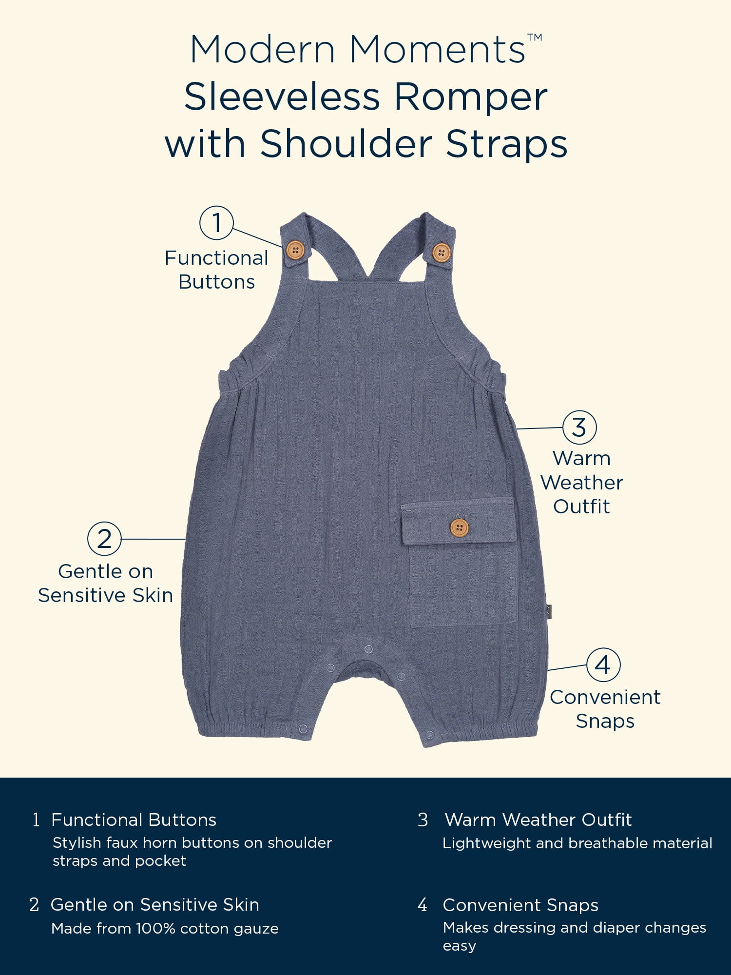 Toddler Boy Basic 100% Cotton Button Design Sleeveless Crepe Rompers