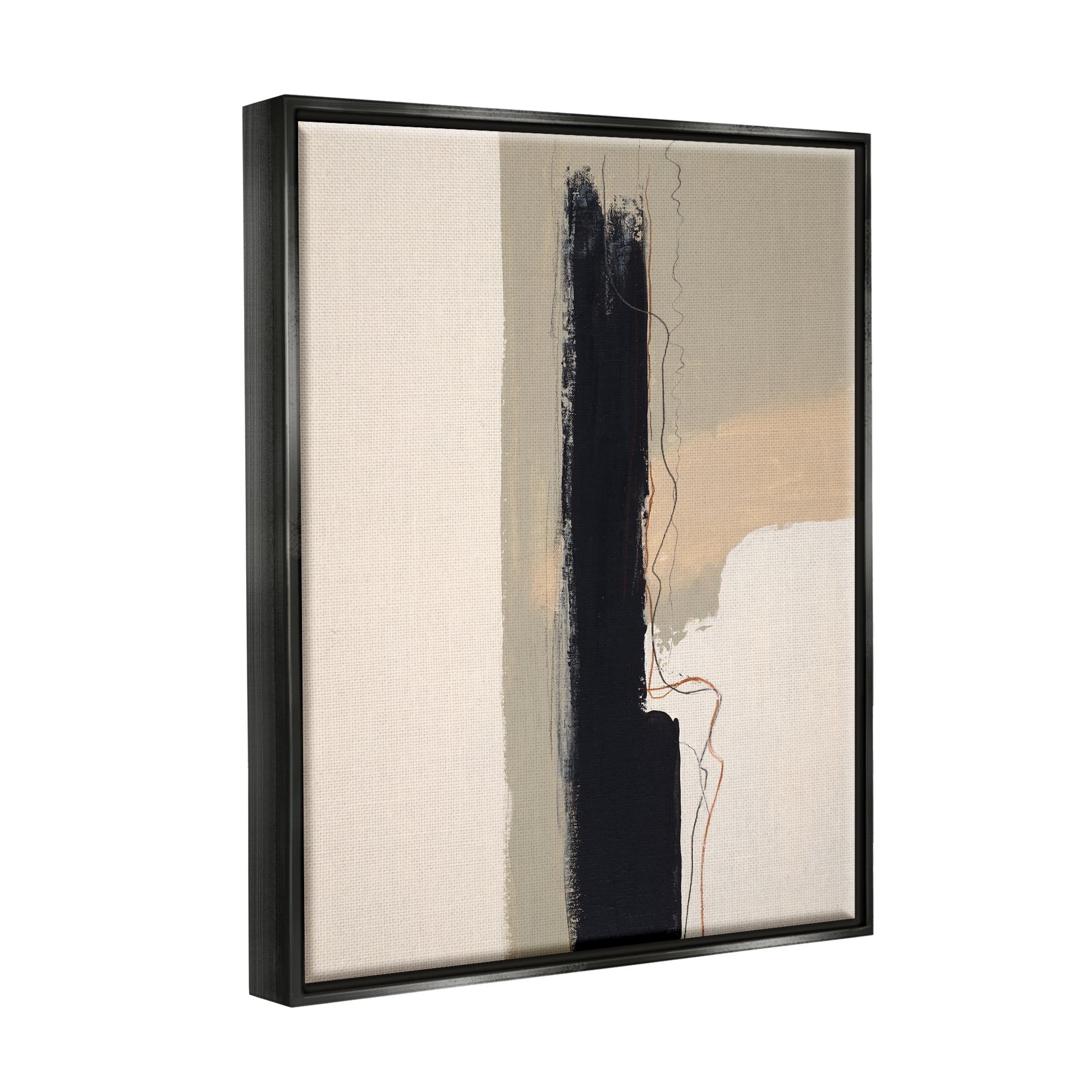 Stupell Industries Modern Black Streak on Beige Abstract Painting Black Floater Framed Canvas Art Print Wall Art, 25 x 31