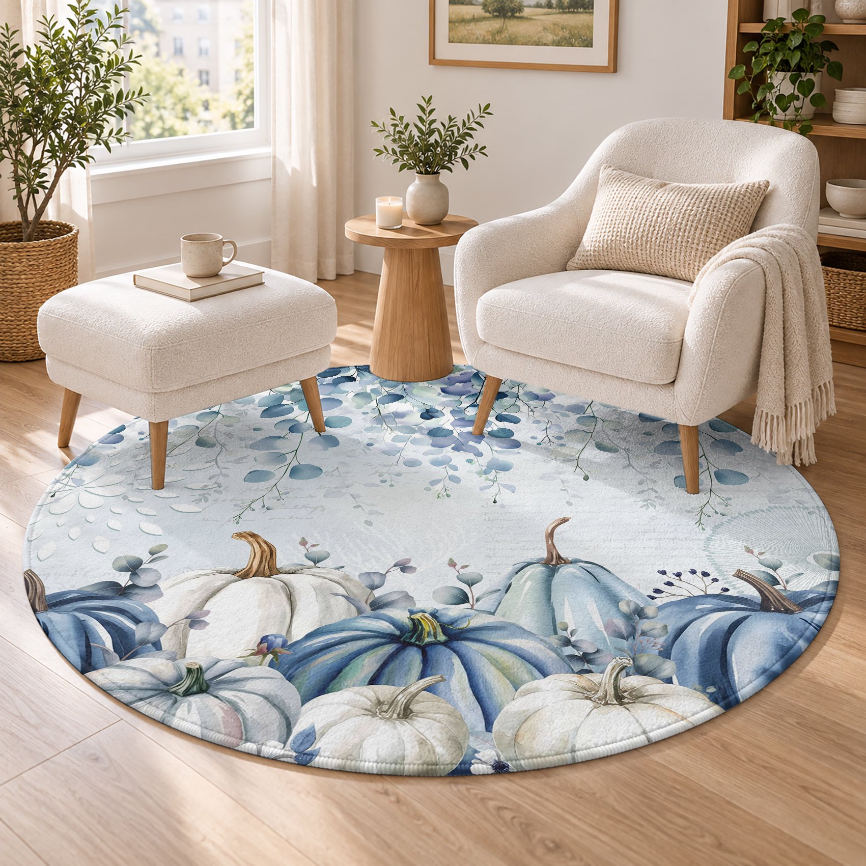 Thanksgiving Blue Pumpkins Area Rug for Living Room Bedroom Rug 5ft Eucalyptus Leaf on Letter Washable Rugs Soft Non-Slip Floor Mat for Dining Room Nursery Home