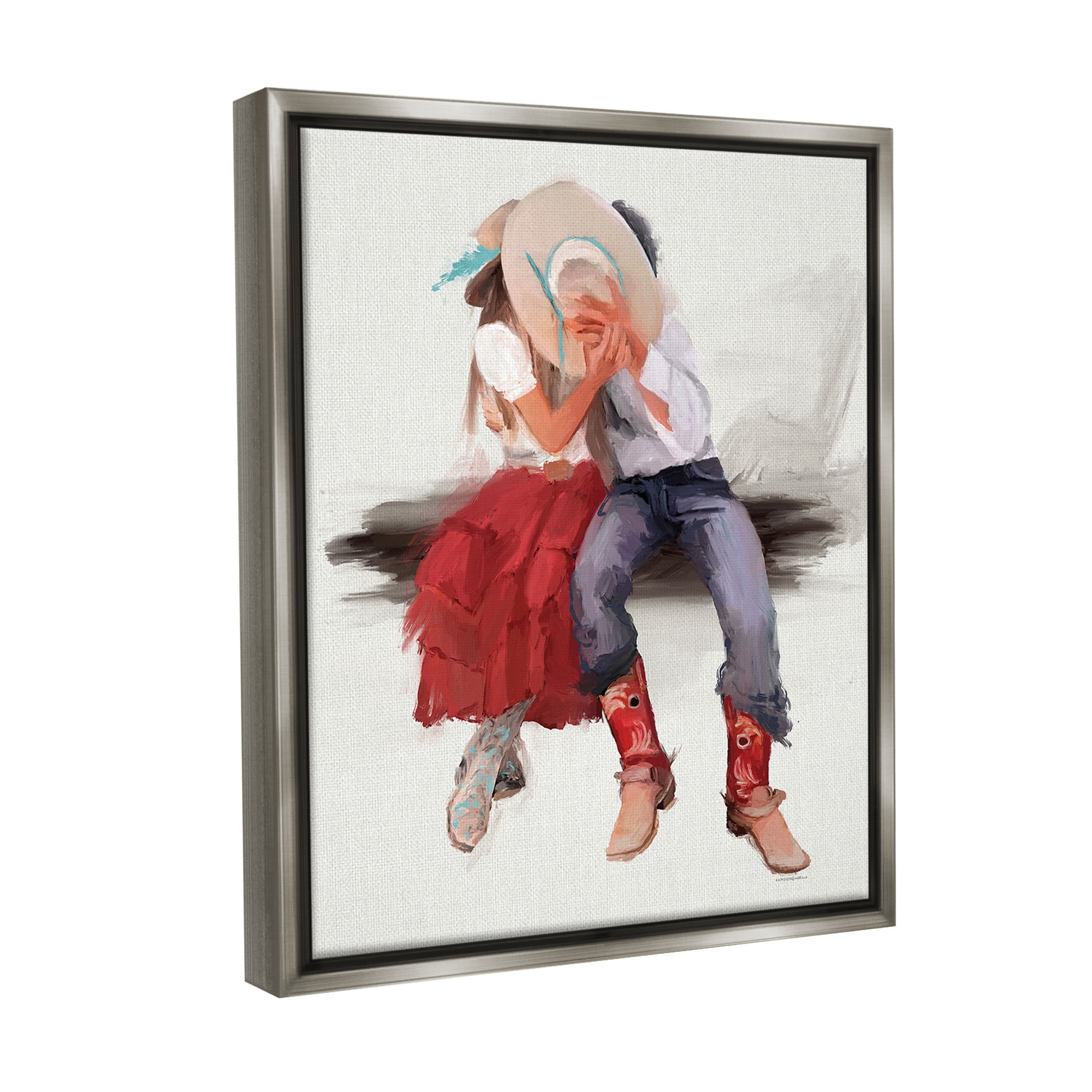 Stupell Industries Country Couple Kiss Abstract Painting Gray Floater Framed Canvas Art Print Wall Art, 17 x 21
