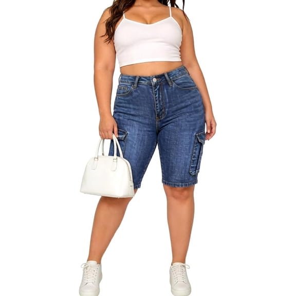 QERINTE Womens Plus Size High Waisted Capri jeans Stretchy Blue Shorts Curvy Summer