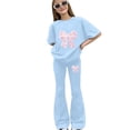 thumbnail image 2 of mgoYE Girl's 2 Piece Outfits Clothing Set Cute Bow/Heart Graphic Tee and Bell Bottom Pants Summer Clothing Sets 7-12 Years Size 7-8 Years, 2 of 5