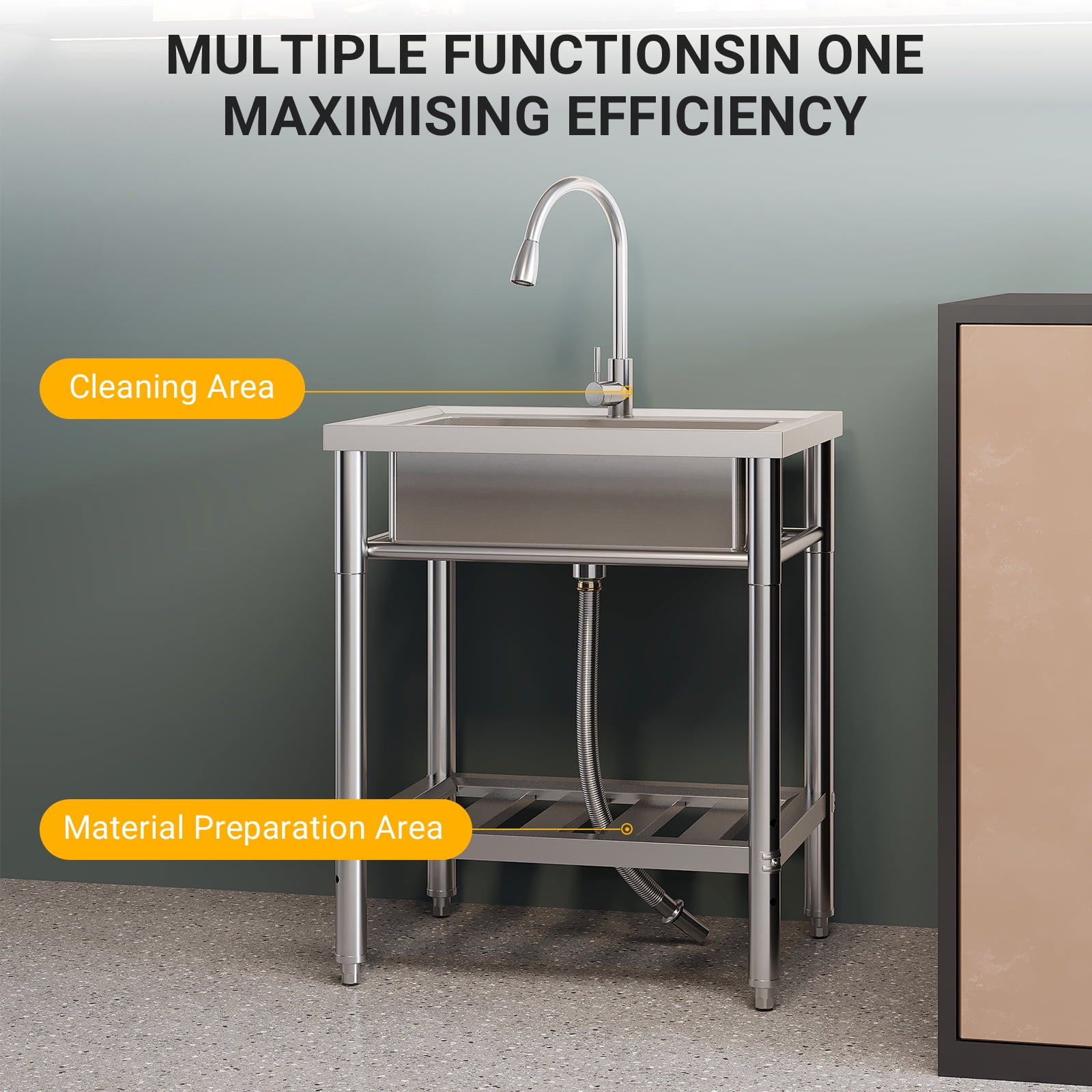 28 Inch Commercial Kitchen Sink, Single Bowl Stainless Steel Utility Sink with Pull-Out Faucet, Freestanding Washing Hand Basin with Open Storage Shelf for Garage, Restaurant, Laundry Room