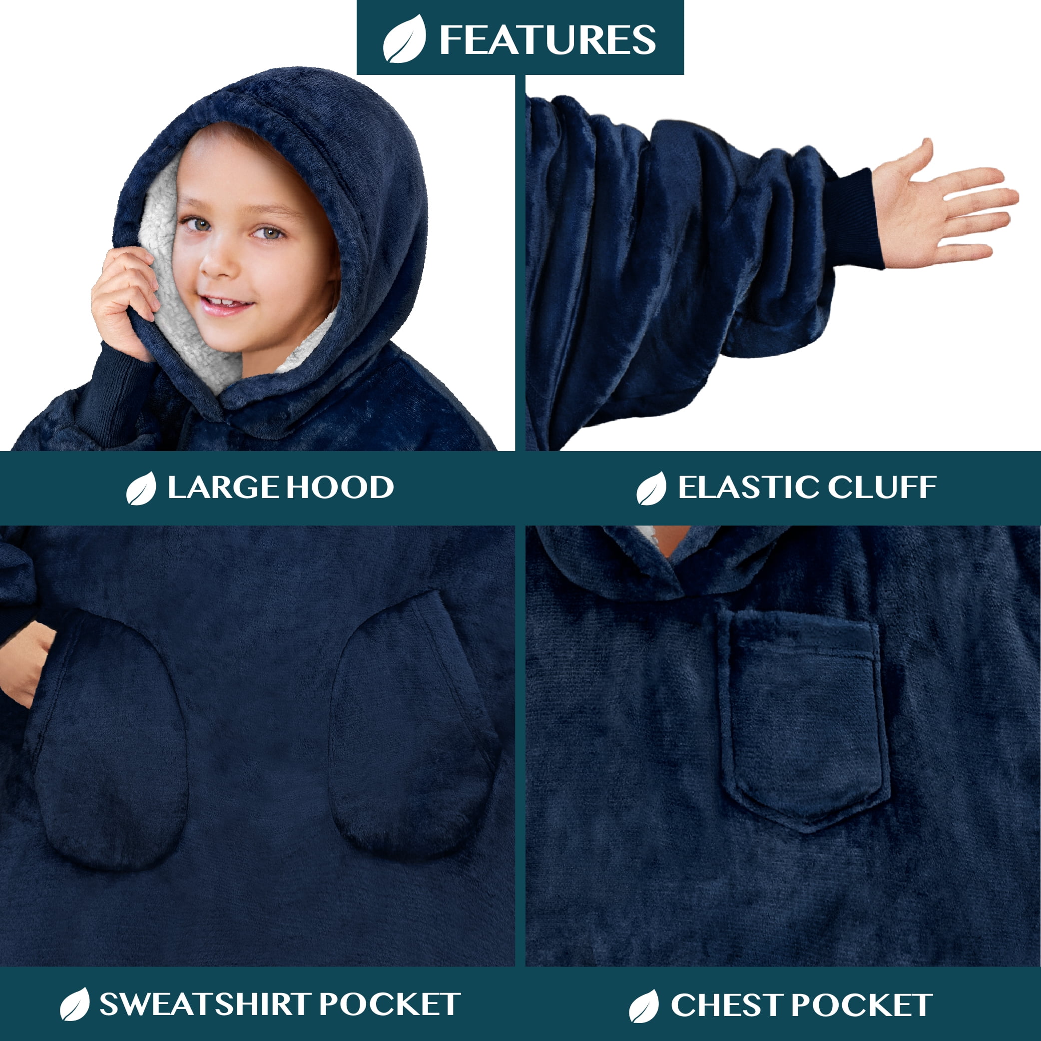 PAVILIA Wearable Blanket Sweatshirt for Kids Boy Girl, Warm Cozy Giant Hoodie with Two Pockets and Long Sleeves, Fleece Sherpa Oversized Hooded Blanket Pullover Gift for Teens Youths, Navy