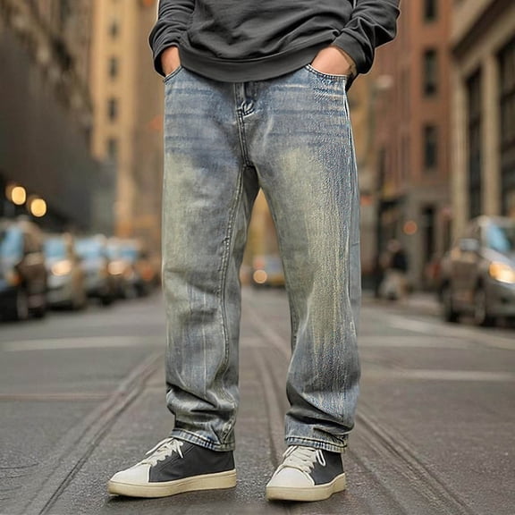 asjyhkr Mens Jeans Casual Wide Leg Skateboard Vintage Denim Pants Streetwear Loose Fitted Hip Hop Jeans