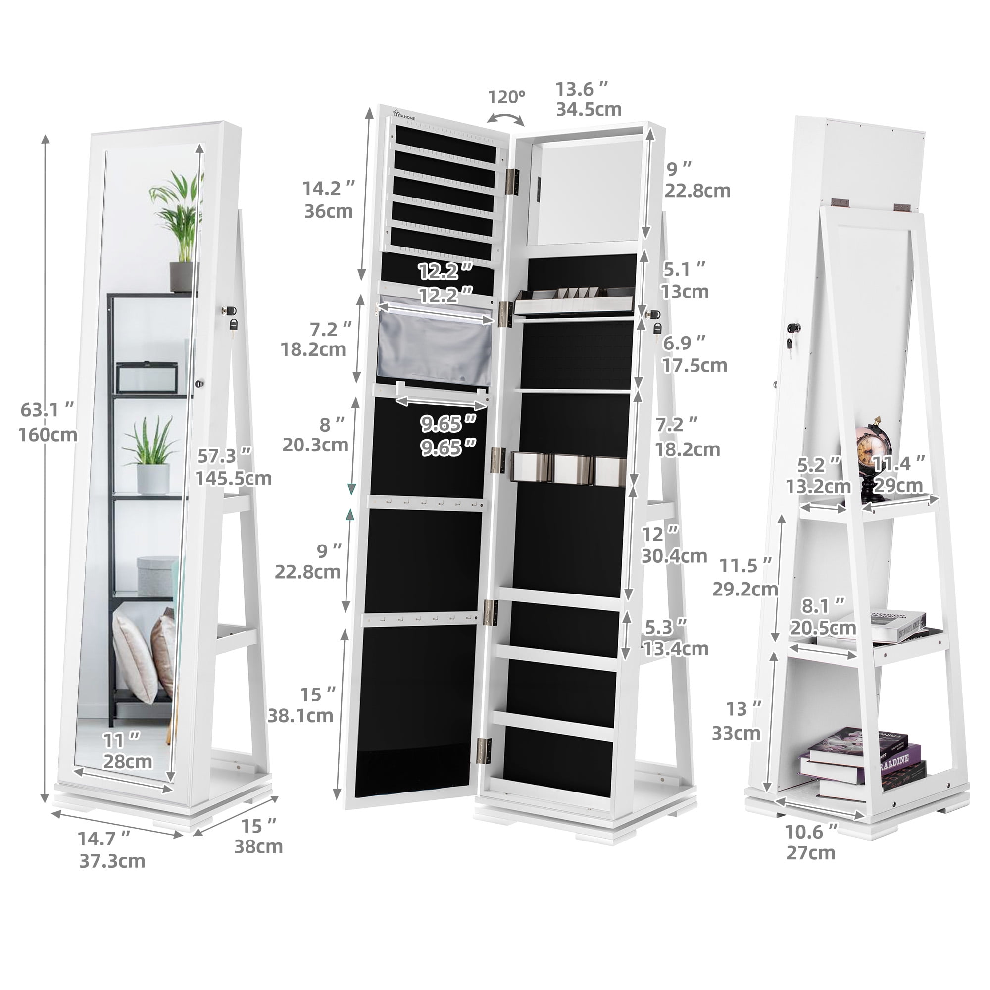 Uforic 360 Spinning Lockable Jewelry Armoire with Free-Standing Mirror, White