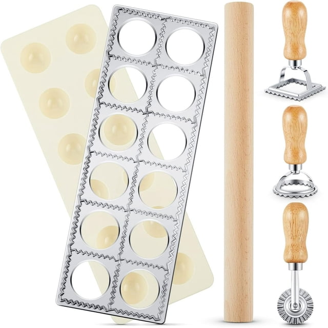 CNKOO 5 Pieces Ravioli Mold Set Ravioli Maker 12 Holes Ravioli Maker Press Ravioli Stamp Maker Cutter with Wood Rolling Pin Ravioli Stamp Pasta Making Kit for Ravioli Press Mold Pasta Mak