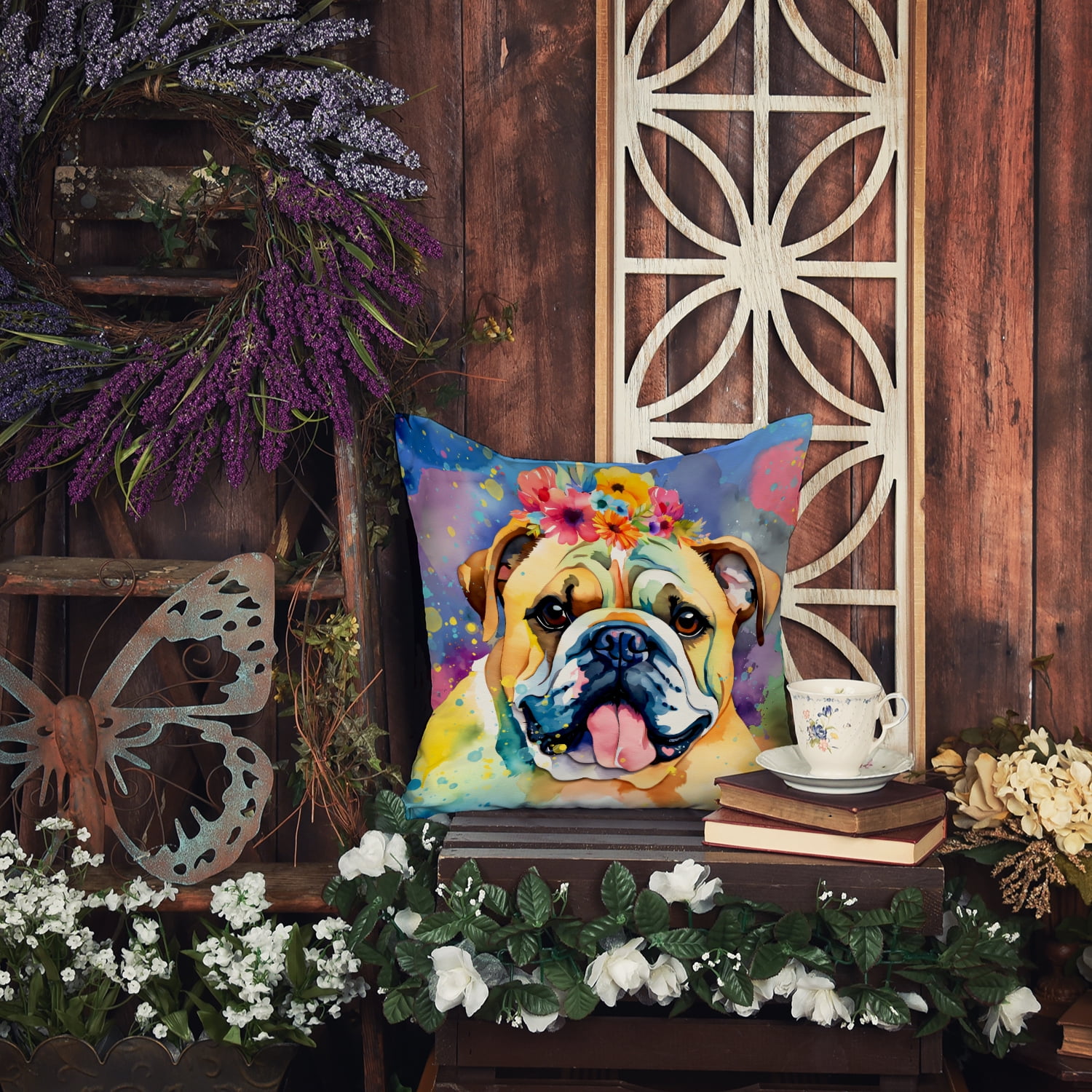English Bulldog Hippie Dawg Fabric Decorative Pillow 18 in x 18 in
