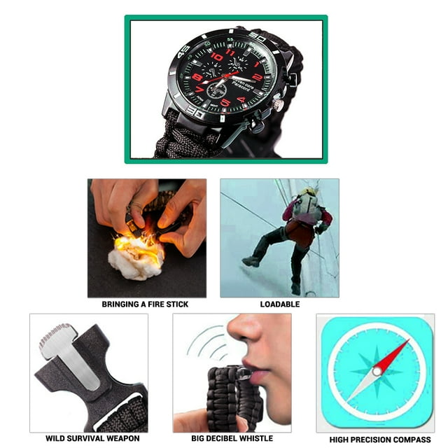 Reloj de supervivencia para acampar al aire libre, pulsera multifuncional, brújula, cuerda, silbato, pulsera Paracord, Kit de herramientas
