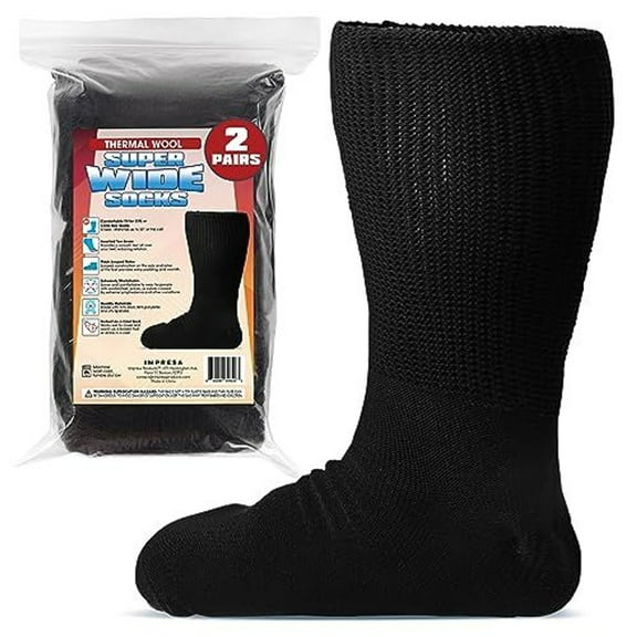 IMPRESA [2 Pairs] Thermal Wool Extra Wide Socks for Swollen Feet - 30'' Stretch Wide Calves Socks for Swollen Legs - Lymphedema Products & Edema- Bariatric Compression Socks Men & Women, One Size XXL