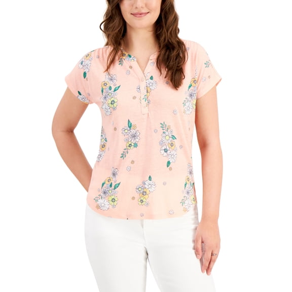 Style & Co Printed Henley T-Shirt Retro Pink M