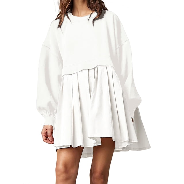 xiaxaixu Surdimensionné Sweat-Shirt Robe Patchwork Manches Longues Col Rond Mini Robe Pull Tops