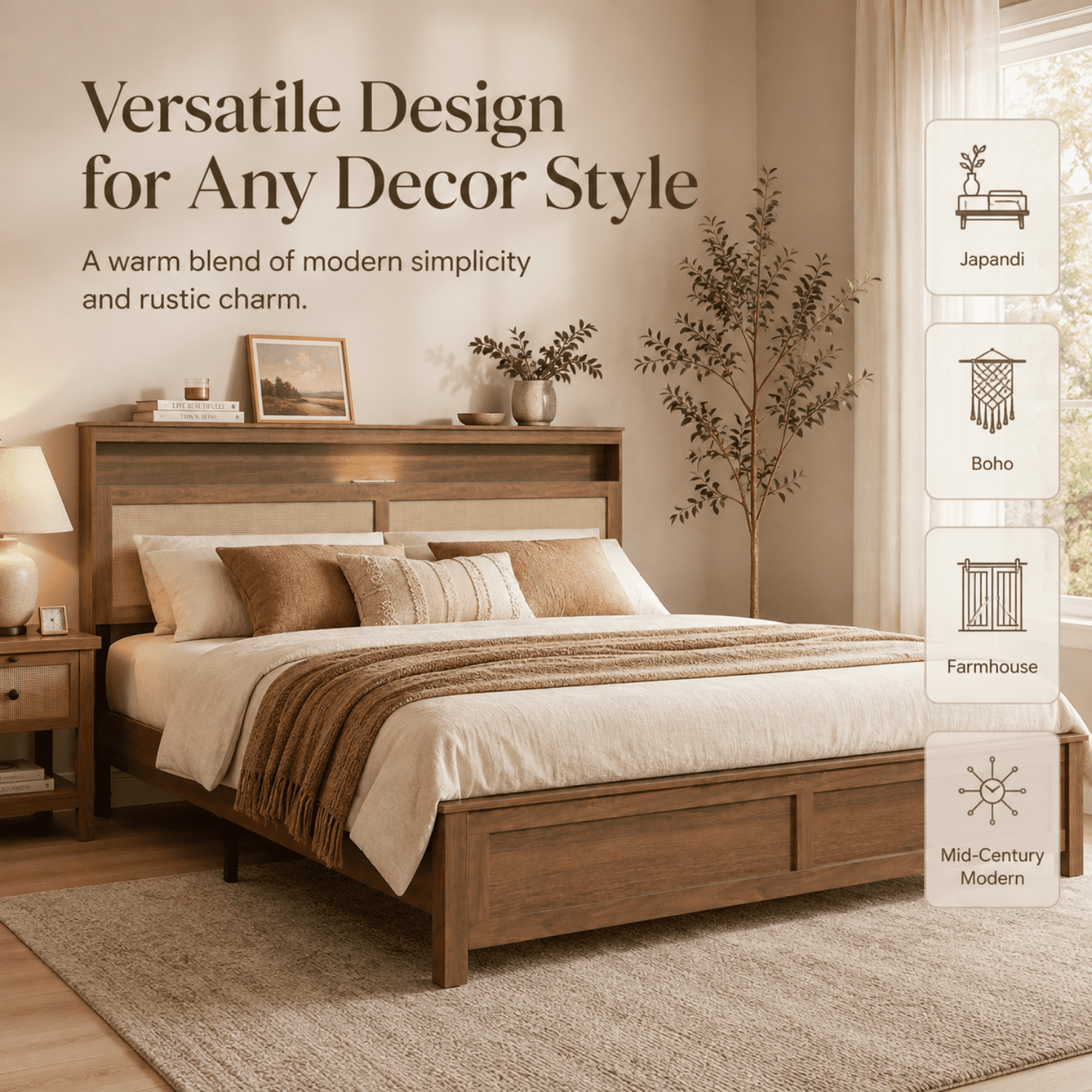 Miniyam King Bed Frame with Storage Headboard, LED Light and Charging Station, Cane-Inspired Platform Bed, Brown