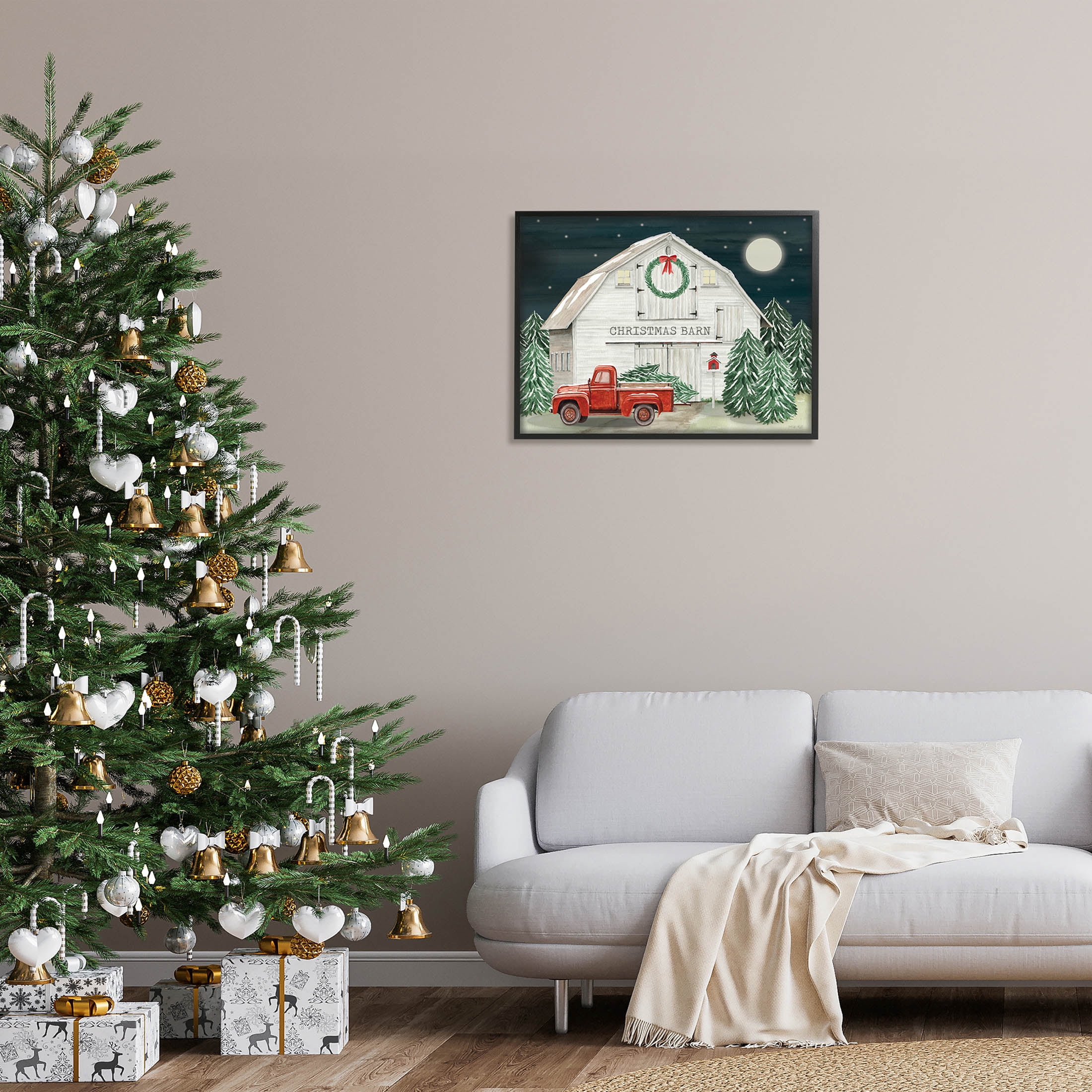 Nighttime Christmas Barn Farm Holiday Graphic Art Black Framed Art Print Wall Art
