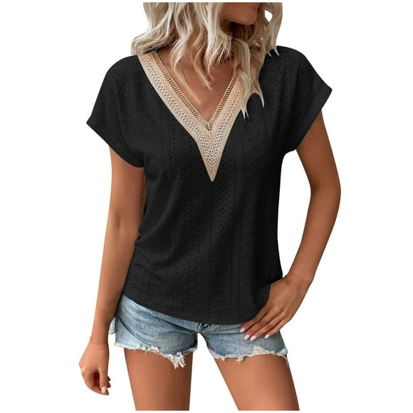 Yanlir Women's V-Neck Summer Blouse Short Sleeve Solid Casual Tops,Lightweight Breathable Tunic Tops,Vacation Beach Playwear(Black,L)