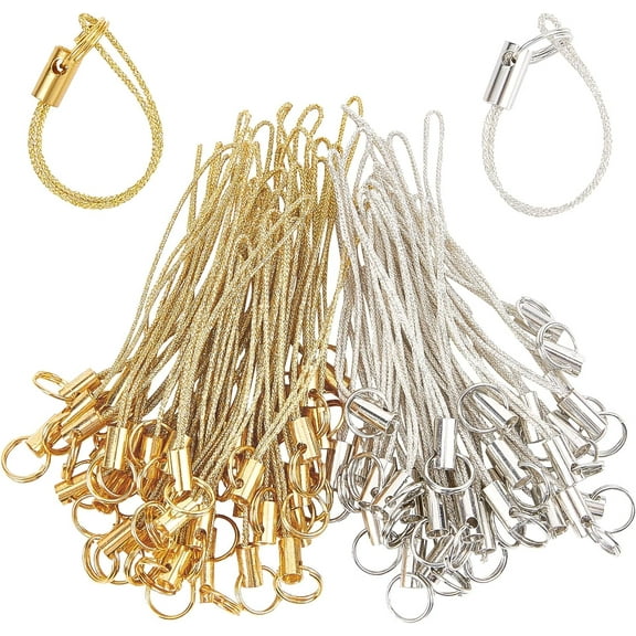 1set 100Pcs 58MM Phone Keychain Strap Tone Split Ring Cords Colorful Polyester Cellphone Charms Lanyard String for Mobile Phone Lariat USB Drive DIY Decorations Supplies