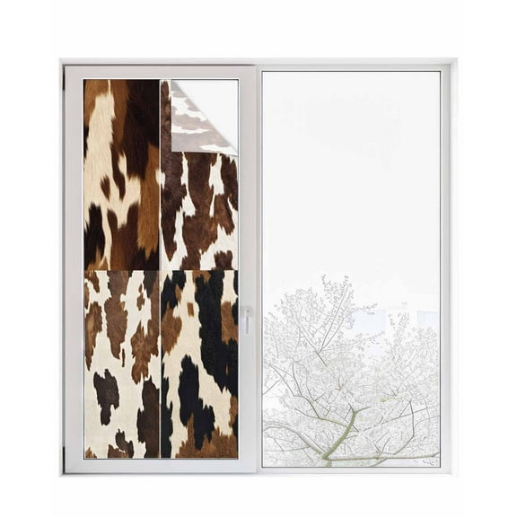 Window Privacy Film Cow Patterned Stained Glass Window Film Decorative Sun Block Window Cover Vintage Farmhouse Abstract Country Western Window Clings Static Adhesive Sticker for Bathroom 29.5"x78.7"