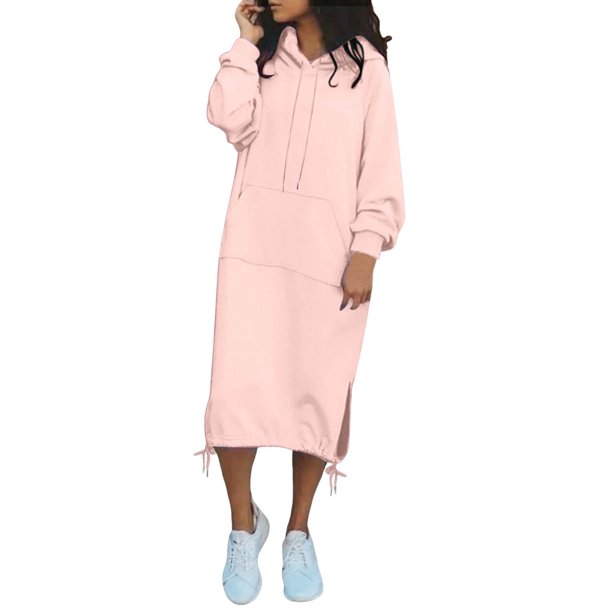 Vestido largo informal holgado de color liso con capucha y cordón ajustable para mujer, sudadera de felpa con bolsillo - Otoño cálido