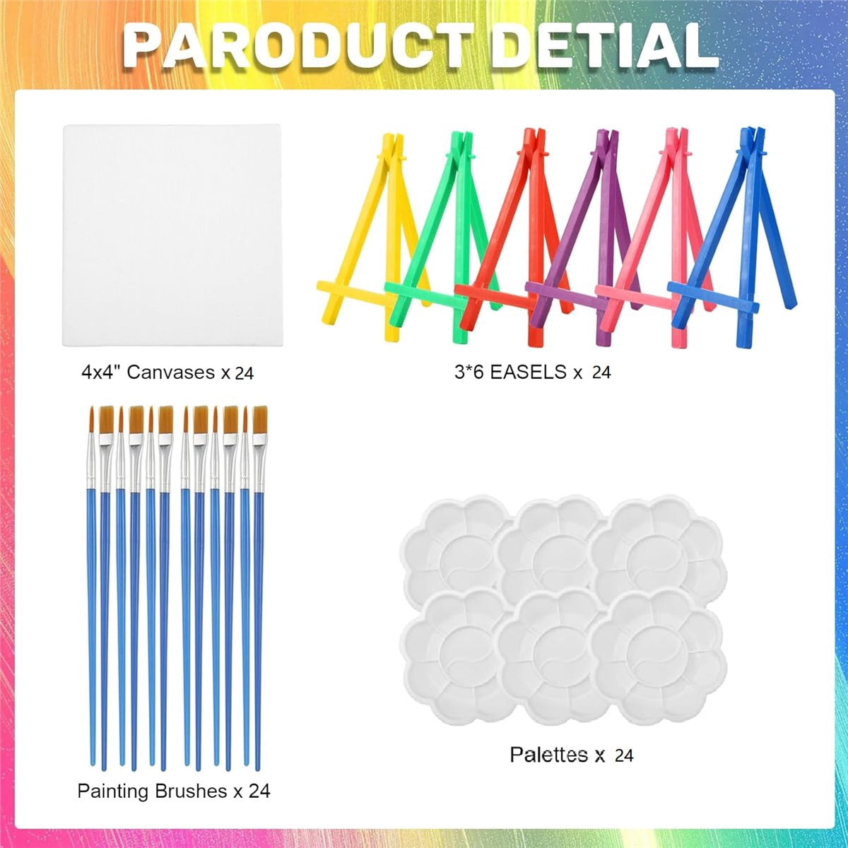 24 Pcs Canvas and Easel Set,Adult Party Painting Kit,24 Pcs 4" X 4" Art Easel Stand, 24 Brushes&Palette for DIY & Gifts