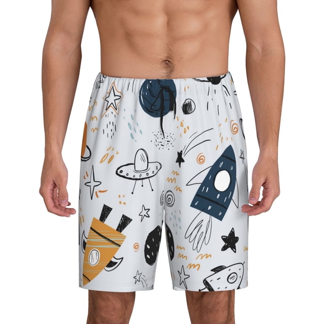 Balery Cartoon Planets Pantalones cortos de pijama de punto de algodón para hombre con cinturilla y bolsillos-3X-Large