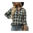 thumbnail image 2 of One opening Women Juniors Casual Long Sleeve Loose Shirt, Lapel Plaid Placket Front Blouse, 2 of 9