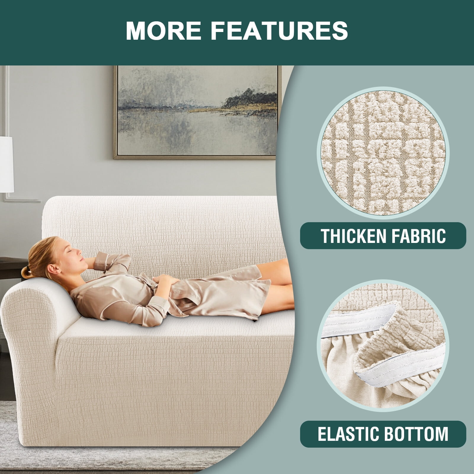 H.VERSAILTEX Premium Jacquard Stretch Sofa Cover with Waterproof Seat & Elastic Bottom Protection for Kids,Pets 1-Piece Furniture Protector Slipcover(Armchair,Ivory)
