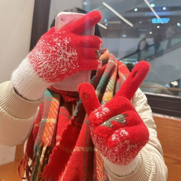 Guantes cálidos de Navidad con adornos de copo de nieve y árbol de Navidad, guantes de felpa de punto grueso y acolchados para invierno, guantes con dedos que gotean, guantes para montar, guantes de n