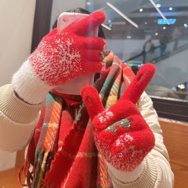 Snowflake Christmas Tree Warm Gloves Winter Padded Thickened Knitted Plush Gloves Leaky Finger Gloves Riding Gloves Snow Gloves Walking Gloves