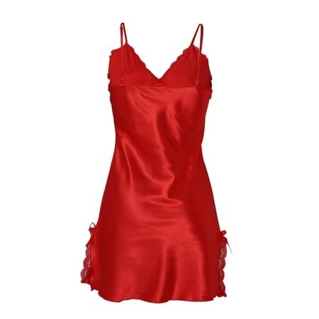 Women Satin Lace Trim Sleepwear Nightgown Pajama Slip Dress Red-Lace L ...