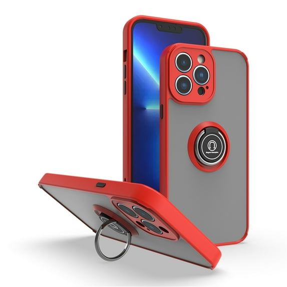 SaniMore for iPhone 14 Pro 6.1" Multi-Functional Magnetic Case, Translucent Matte Back Case with Car Mount & 360° Rotatable Ring Kickstand Shockproof Protective Cover, Red & Black