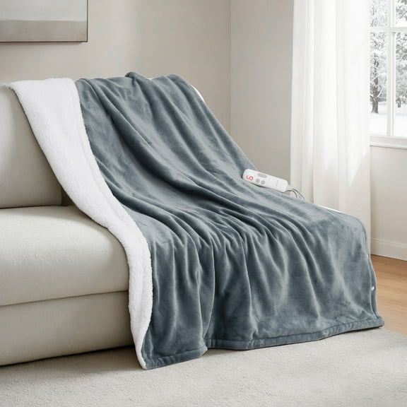 Maxkare Electric Throw Blanket 50" x 60" with 6 Heating Levels & 5 Timer Settings ETL Certification, Flannel & Sherpa, Gray & White