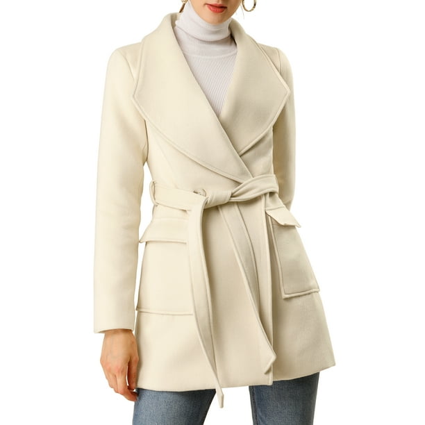 Abrigo largo de mujer elegante con solapa y cinturón en color crema blanco L