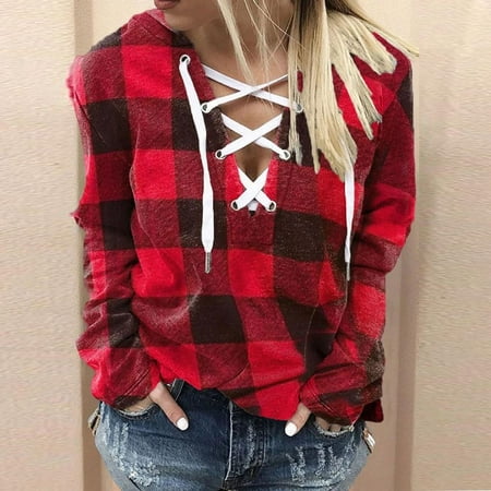 

YOHOME Women s Autumn And Winter Shirt Sexy V-neck Hooded Plaid 2022