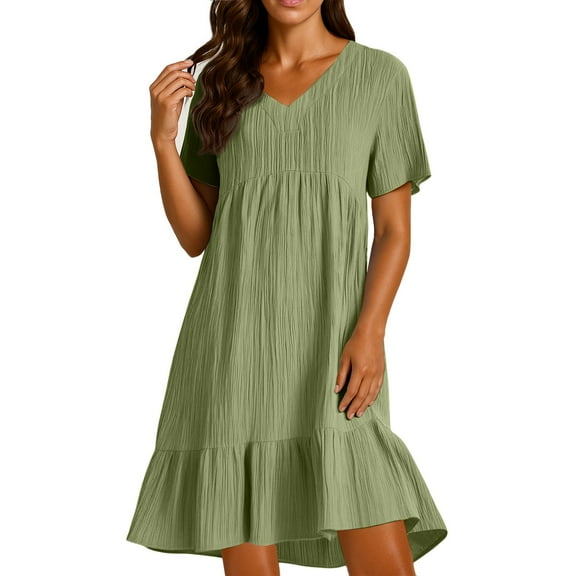 A-Line T-Shirt Dresses for Women Short Sleeve Cotton Linen Ruffle Tiered Layered Trendy Short Dresses V Neck Knee Length Modest Gauze Dresses Army Green 3XL