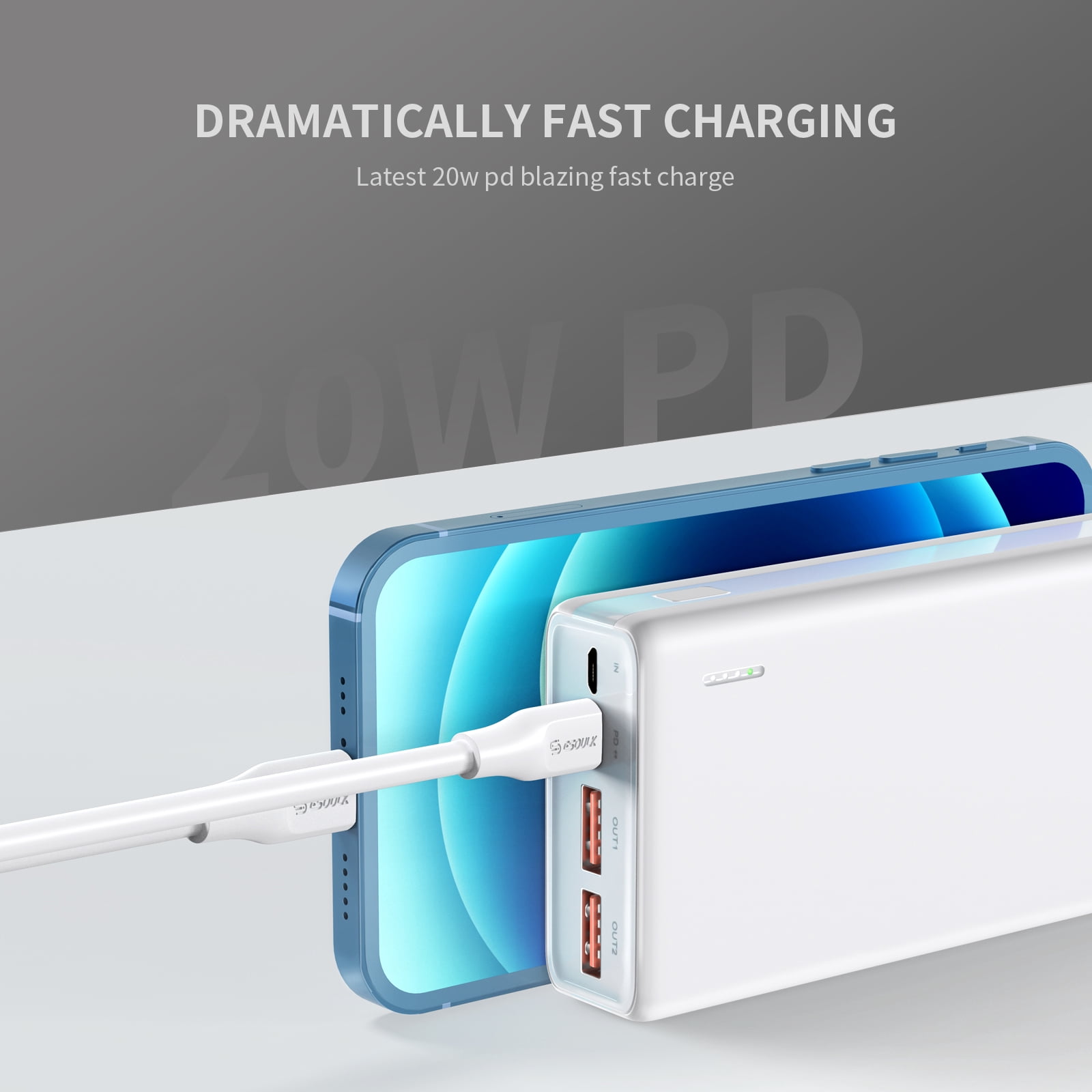 Esoulk 20000mAh PD 20W QC 22.5W Power Bank, White Portable Charger