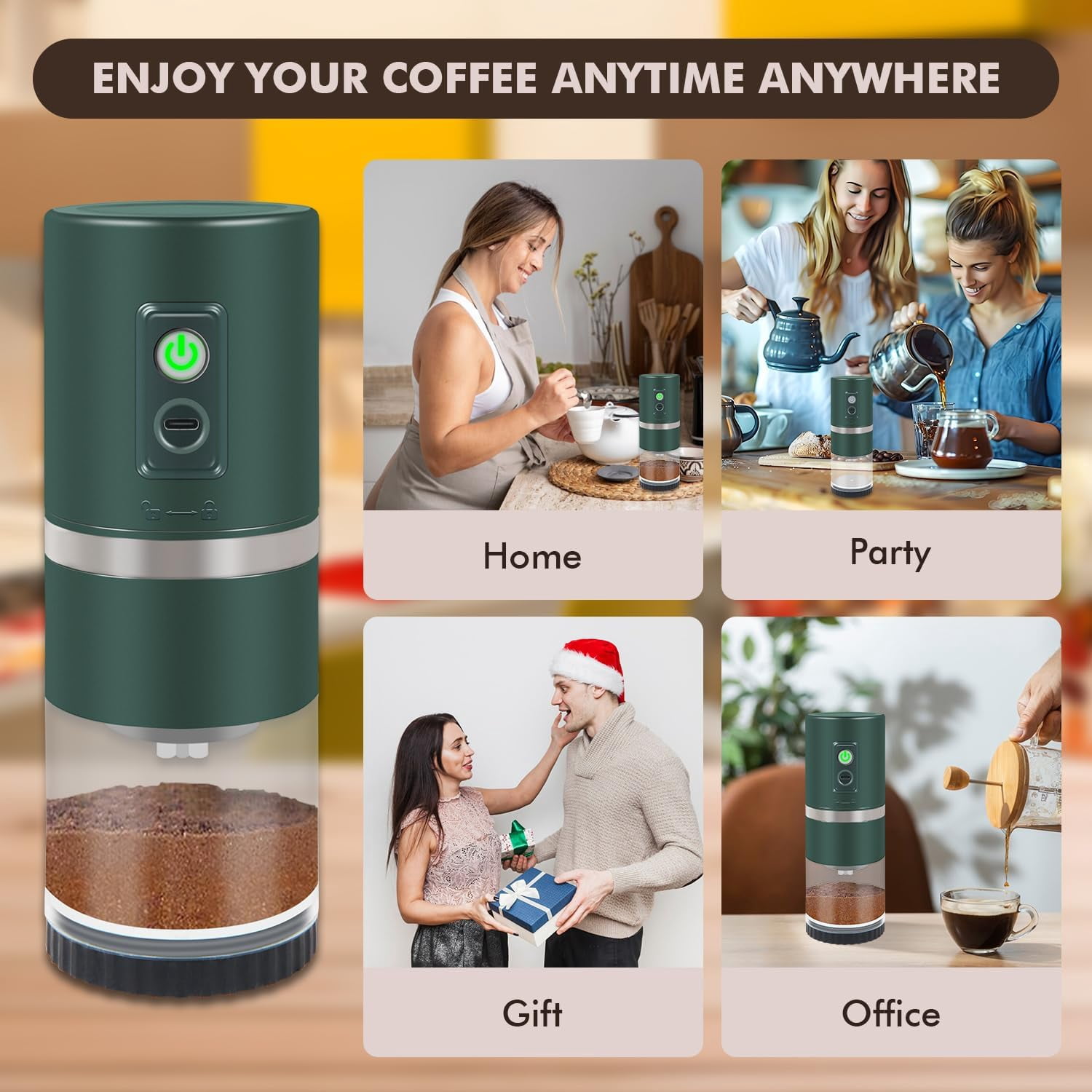 Portable Electric Coffee Grinder Stainless Steel Conical Burr with 45 Settings Rechargeable for Home Travel Camping Office Dark Green