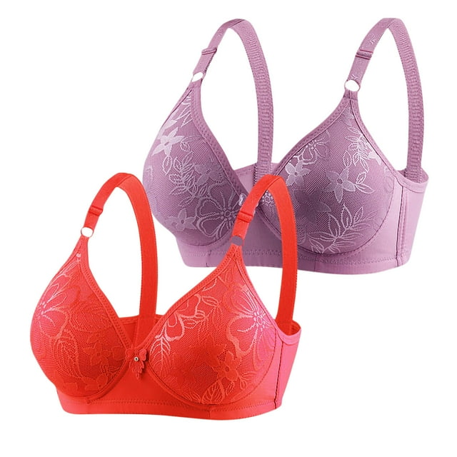 Bowake 2 Pack Wireless Full Coverage Plus Size Bras for Women Comfort Lace Bralettes Lift V Neck Bra Red 2