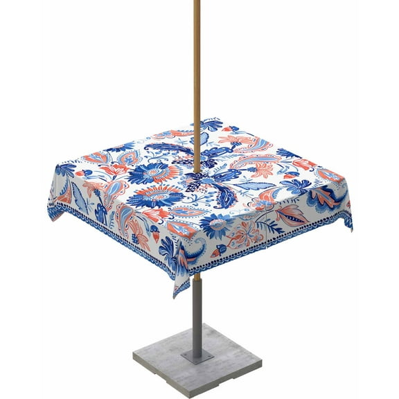 Paisley Flowers Leaves Seamless Red Blue Square Tablecloth with Zipper,Waterproof Table Cloth with Umbrella Hole Patio Tablecloths for Outdoor Tables,Ethnic Retro Floral Spillproof Table Cover