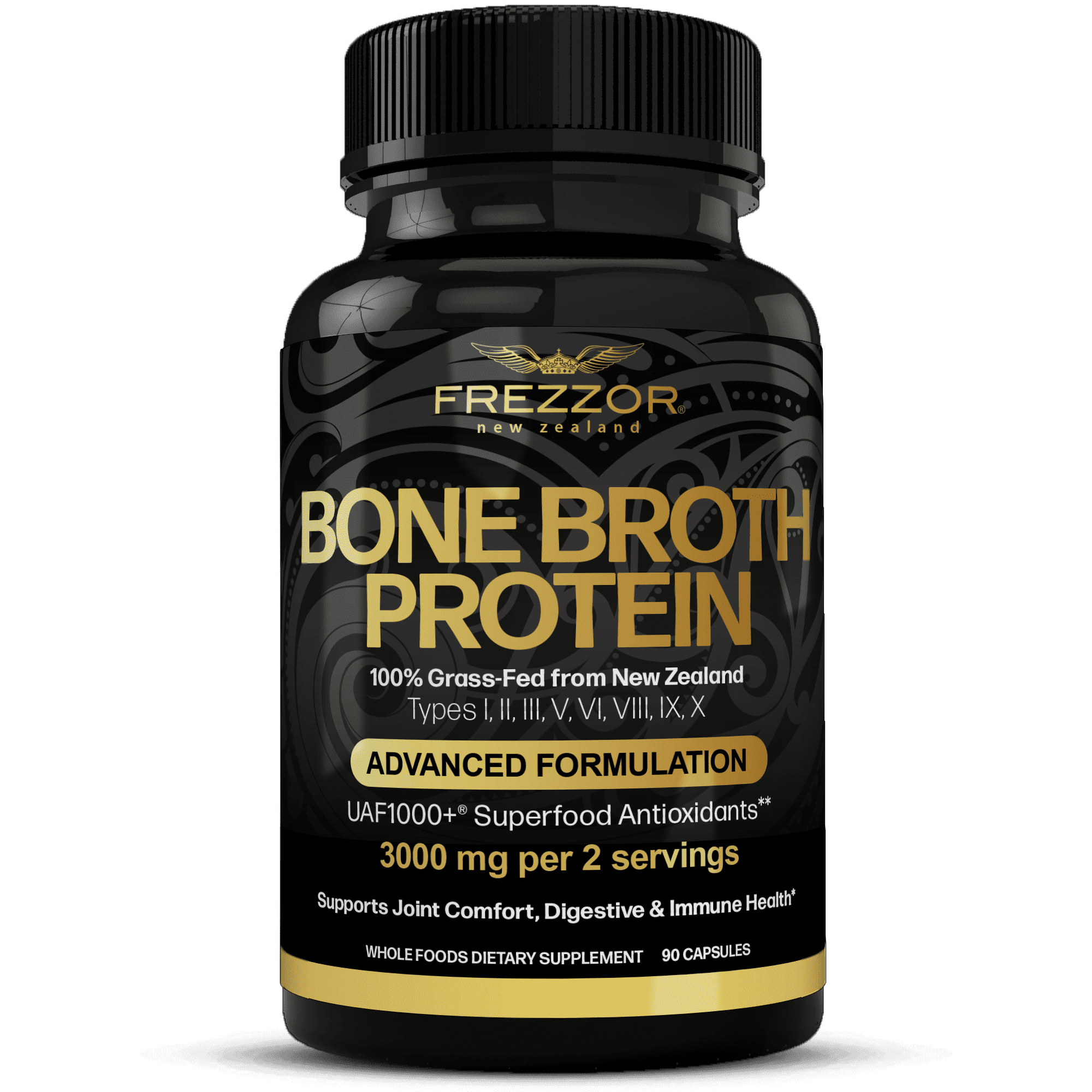 FREZZOR 100% Grass-Fed Beef Bone Broth Protein Capsules for Men & Women | Joint Health & Anti-Age Support | Organic Multi Collagen Peptide Supplement, 1 Pack, 90 Capsules