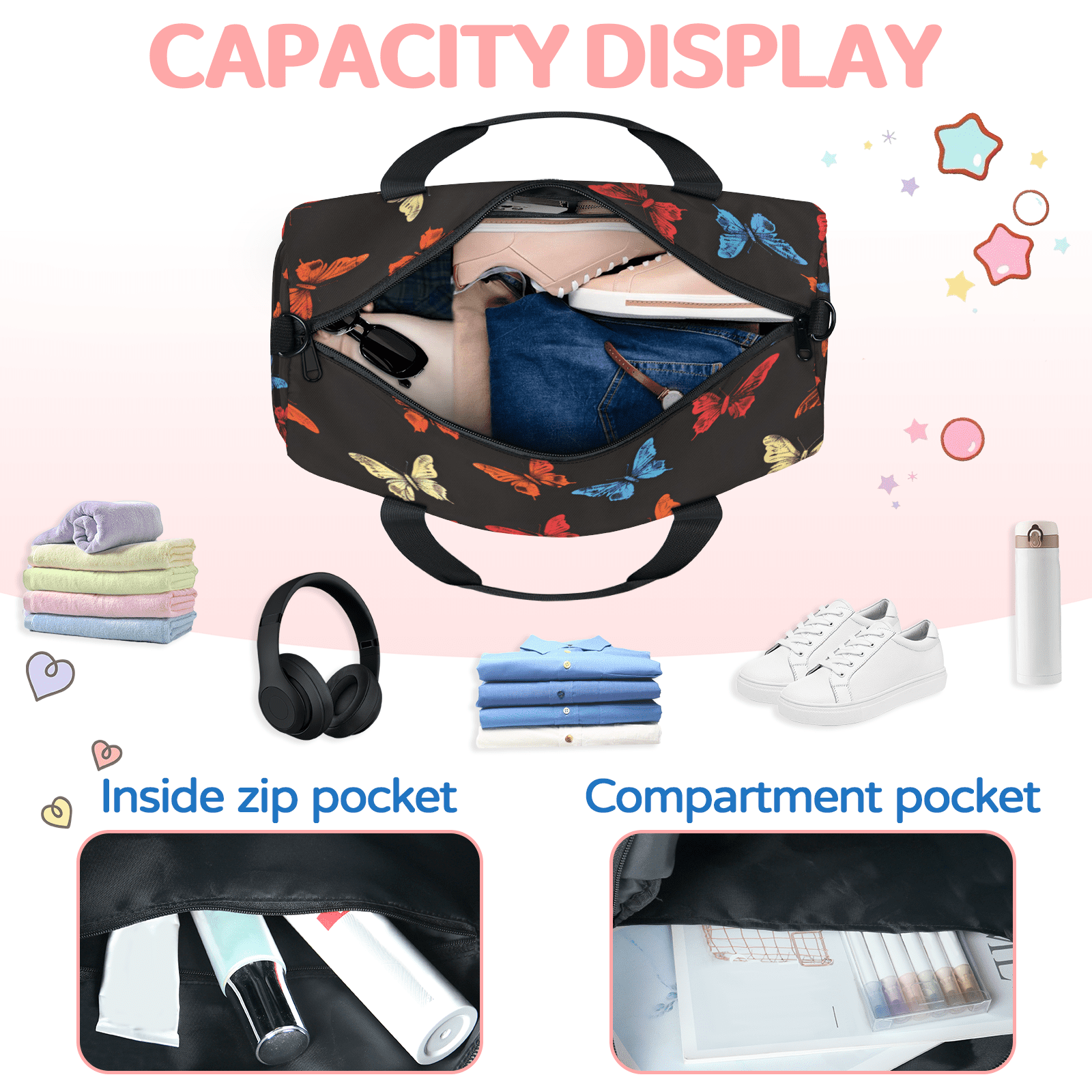 Herdesigns Butterflys Travel Duffle Bag Sports Yoga Weekender Overnight Carry on Workout Bags Lightweight Waterproof Gym Tote Bag for Women